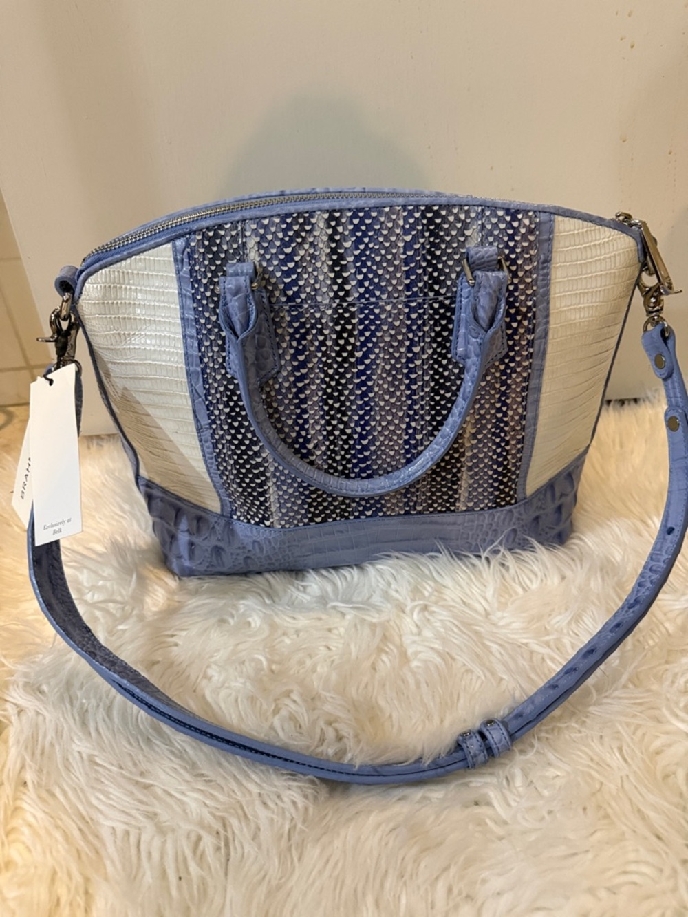 Brahmin Blue and White Textured Dome Satchel with Detachable Strap